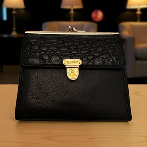 Bally Black Lambskin & Embossed Leather Kisslock Compact Wallet